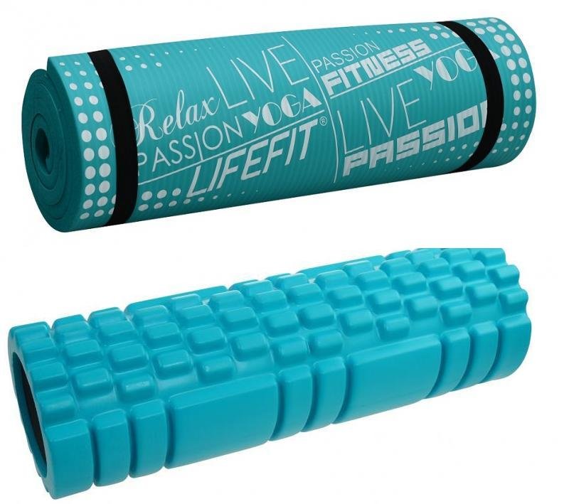 Set na jógu - Lifefit yoga roller A11 45x14cm + Lifefit yoga mat exclusive plus 180x60x1.5cm tyrkysová barva