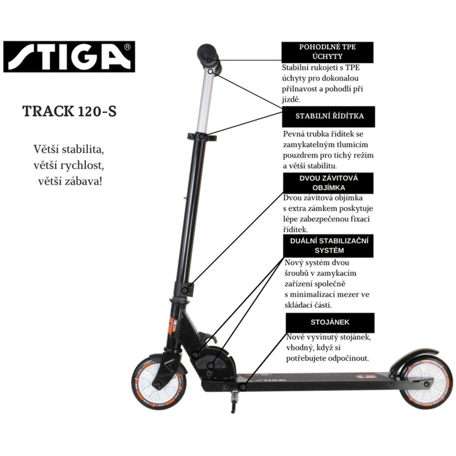Černá dětská skládací koloběžka pro dospělé Track, Stiga - nosnost 100 kg