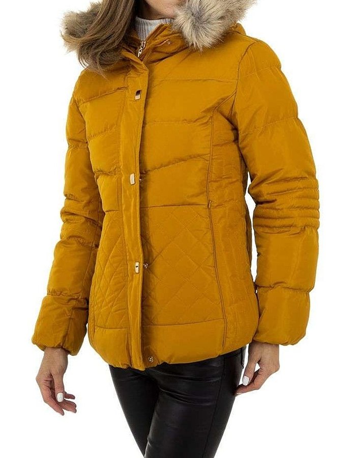 Žlutá zimní dámská bunda s kapucí