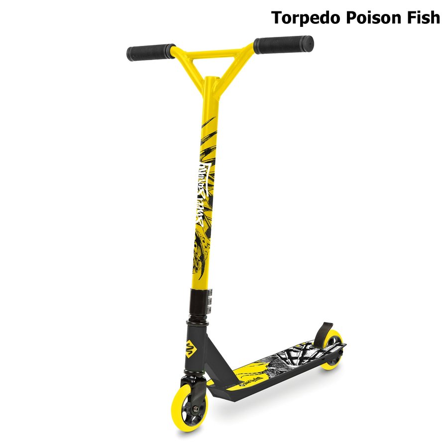Černo-žlutá dětská BMX freestylová koloběžka pro dospělé Torpedo, Street Surfing - nosnost 100 kg