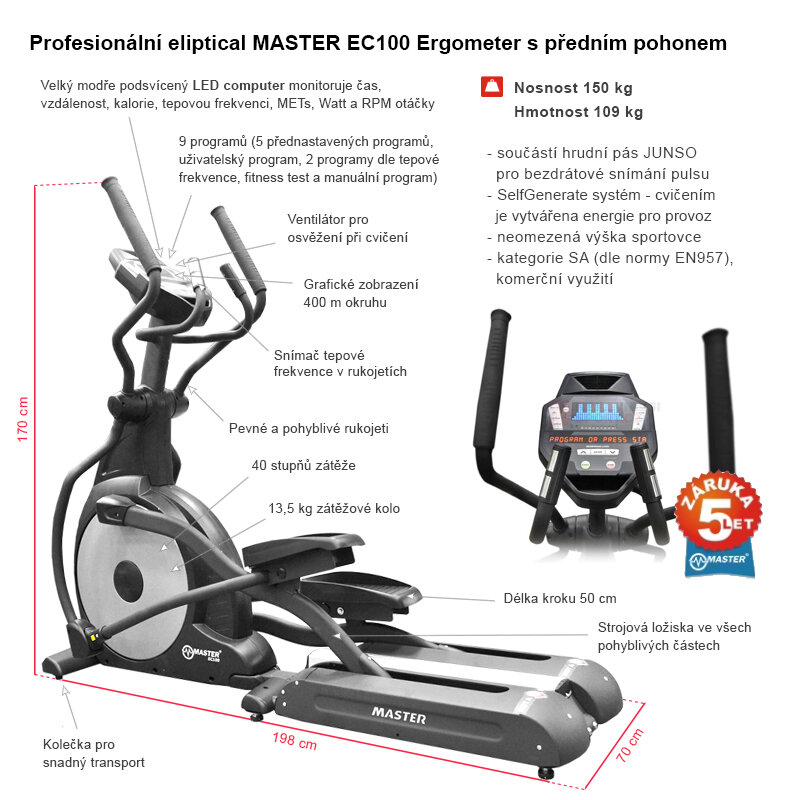Elektromagnetický eliptický trenažér EC100 Ergometr, Master - nosnost 150 kg